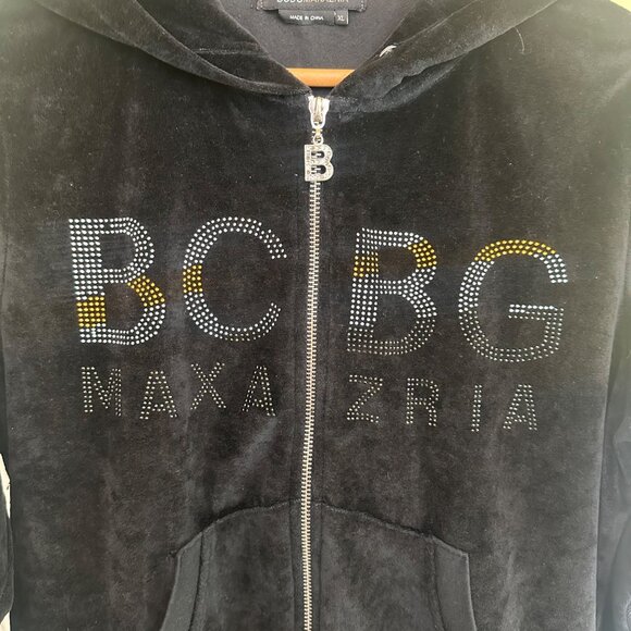 BCBG Max Azria Y2K Black Velvet Hoodie Jacket W/ Rhinestone Logo XL - Picture 2 of 6
